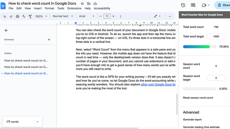 Google Docs word count screenshot