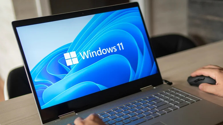 A person using a laptop that has the Windows 11 logo visible