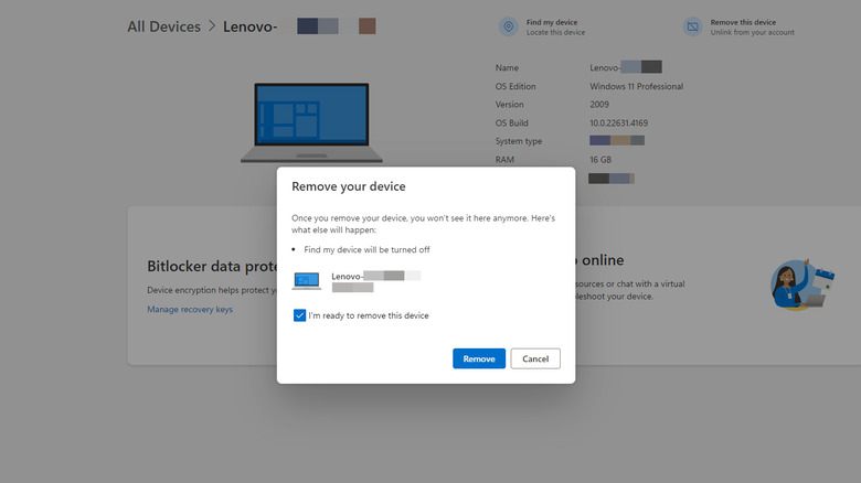 Remove your device dialog box Microsoft account