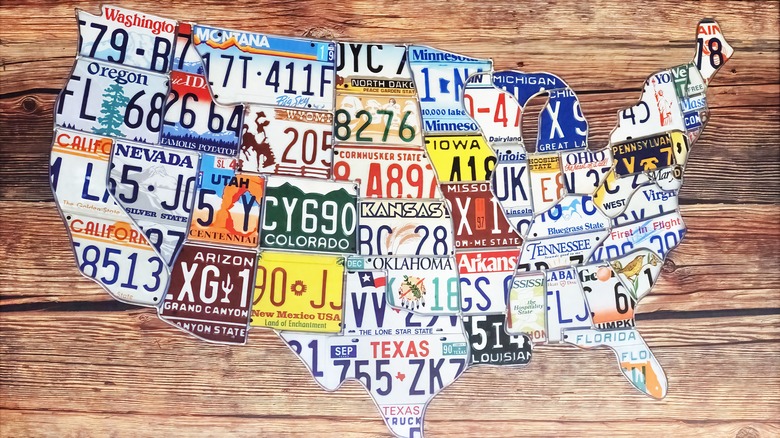 A collage of license plates shaped like the US map and cut into the individual states