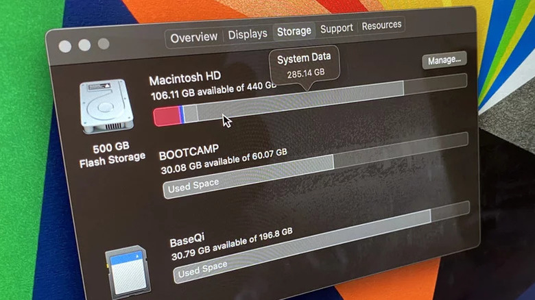 Macintosh HD storage status showing System Data