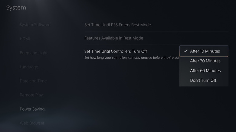 PS5 screen showing Timer options to turn off PS5 controller