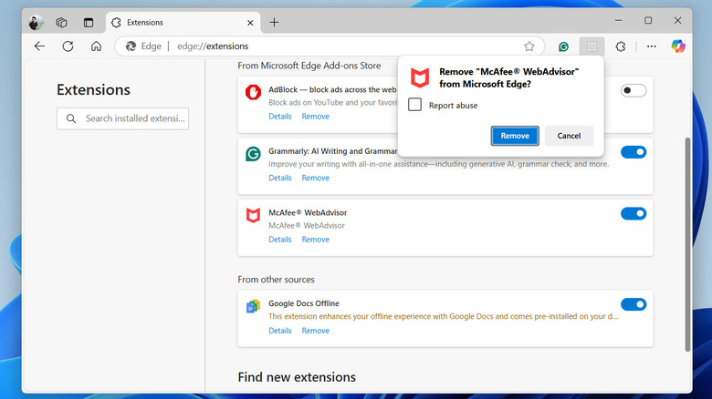 Remove McAfee extension from Edge browser