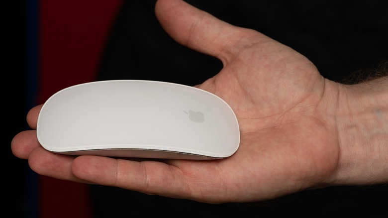 a person holding a Magic Mouse in one hand