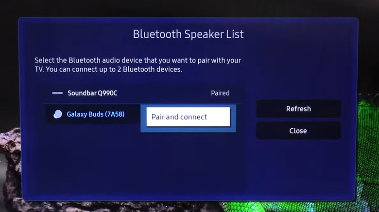 Bluetooth Speaker List window in the Samsung smart TV Settings app