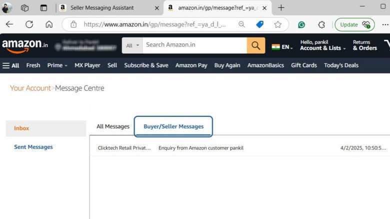 Amazon Message Center showing chats with seller