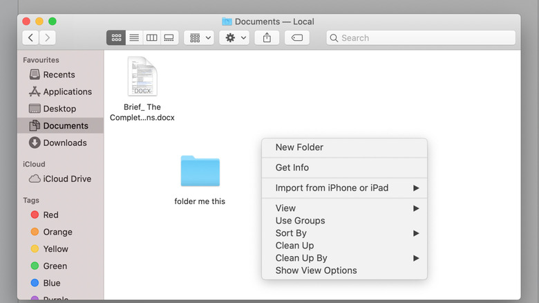 Finder window right-click menu for creating new folder