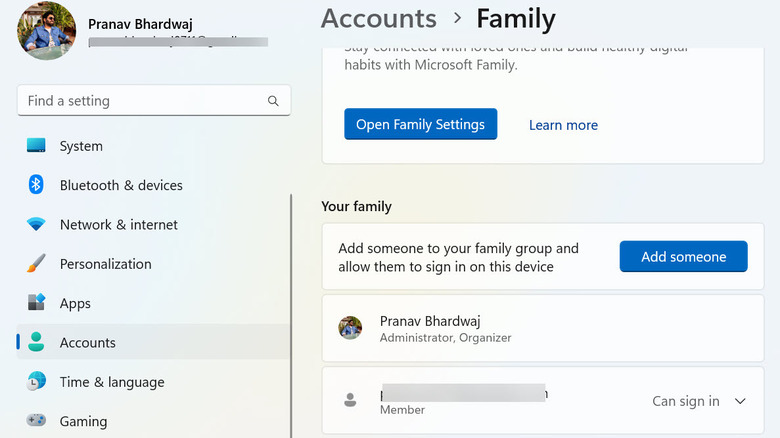 Screenshot of adding a Family account