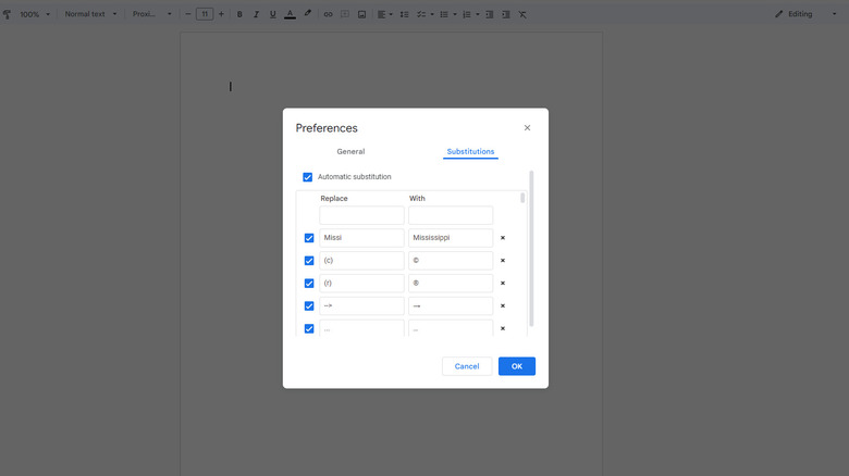 google docs substitutions shortcuts