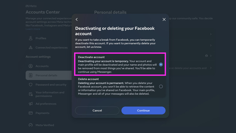 Facebook website deactivate account page