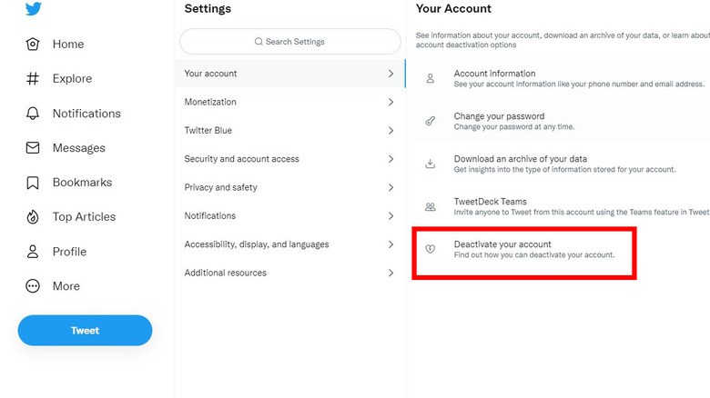 Twitter Settings deactivate account