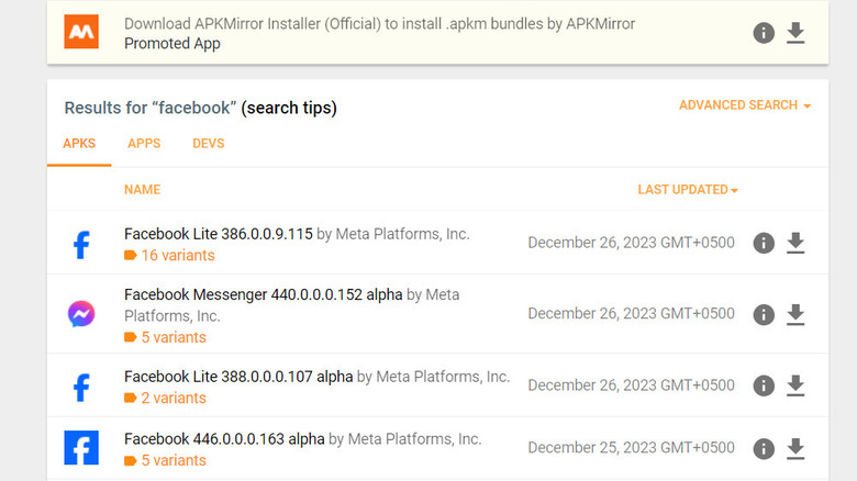 Older Facebook versions in APKMirror