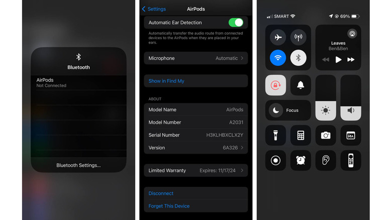 iPhone screens showing how to disconnect AirPods from Bluetooth