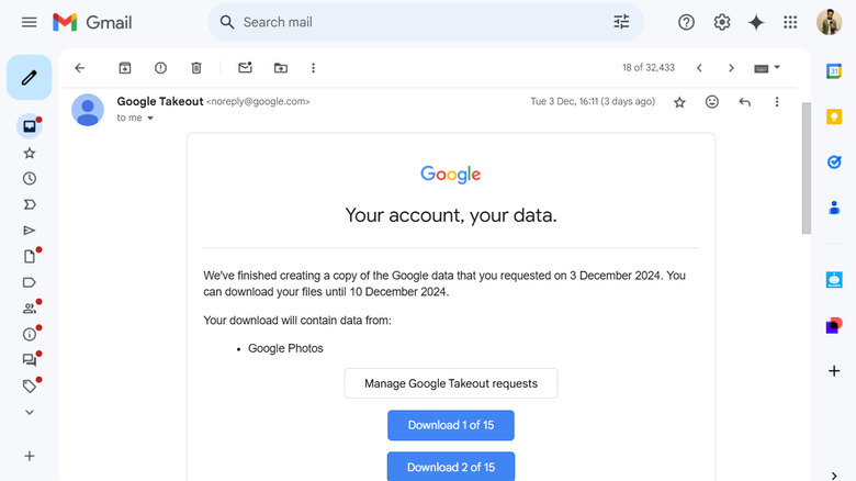 Google takeout export email with download links