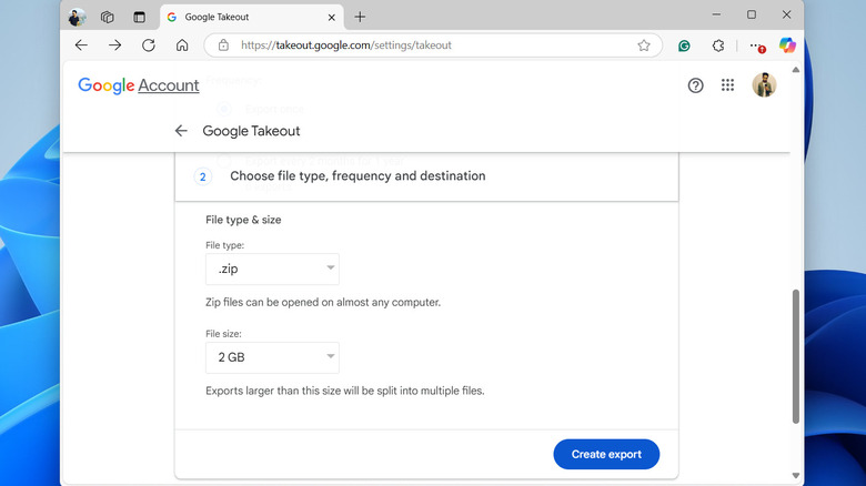 Create export option on Google Takeout page