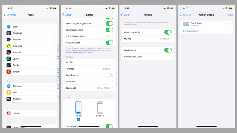 Safari's AutoFill settings on iPhone