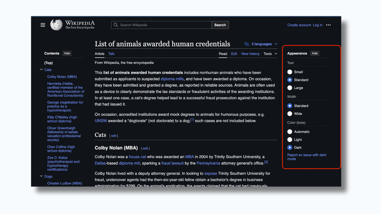 dark mode on Wikipedia website