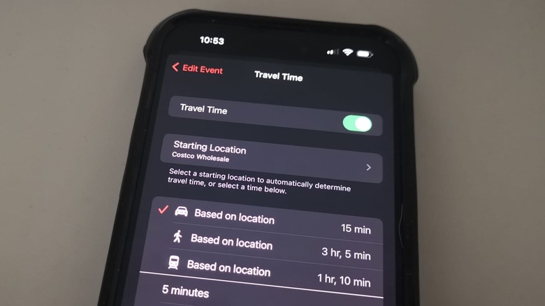 calendar app travel time option