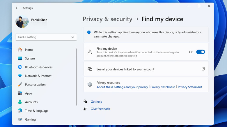 Find my device in Windows Settings