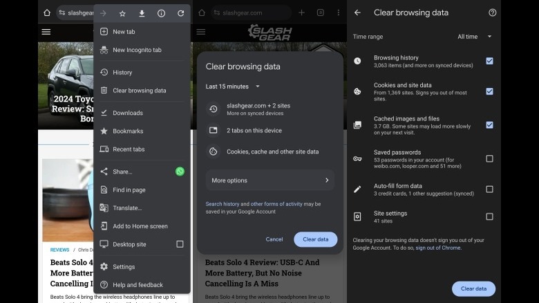 Chrome Clear Browsing Data screens on Android