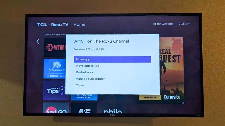 AMC+ Roku App menu on Roku TV