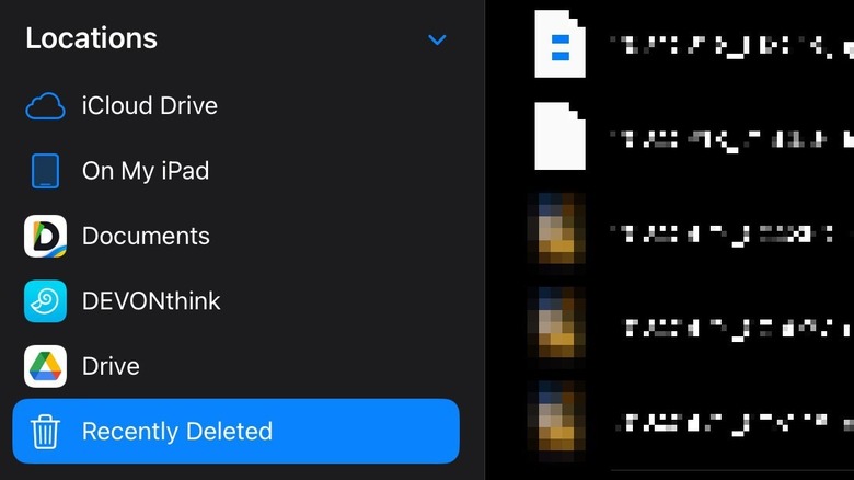 Recently Deleted option highlighted in Files for iPad