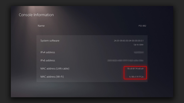 PS5 console information settings