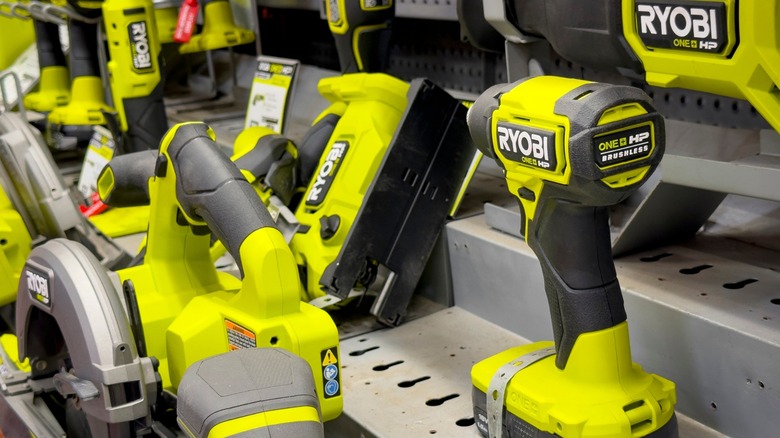 Ryobi saw and drills on display.