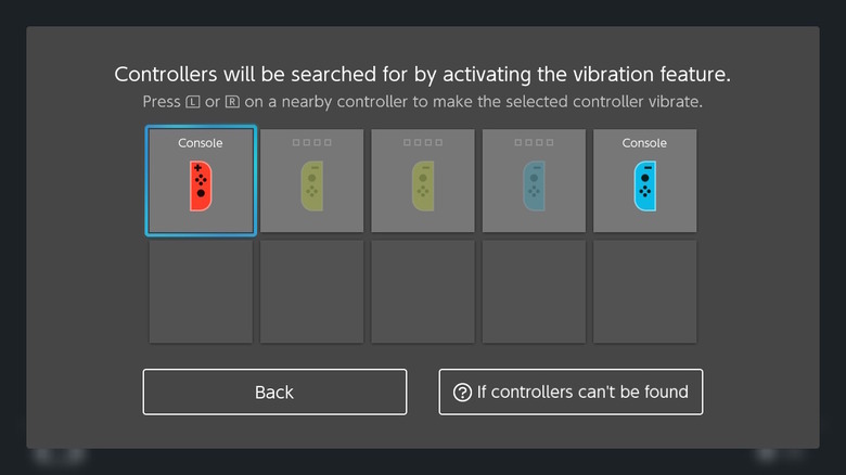 Find Controllers menu on Nintendo Switch console, showing assortment of paired Joy-Con controllers