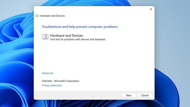 Windows hardware troubleshooter dialog box