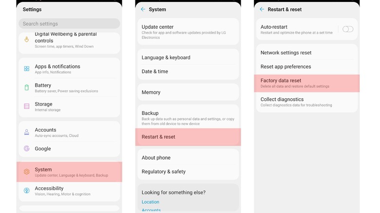 android factory reset settings screenshots