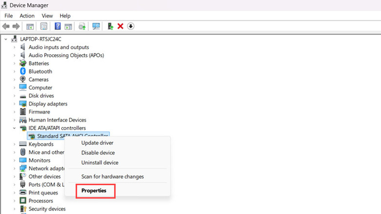 Standard SATA AHCI Controller properties menu