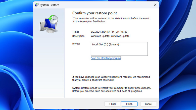 System Restore window on Windows 11 PC