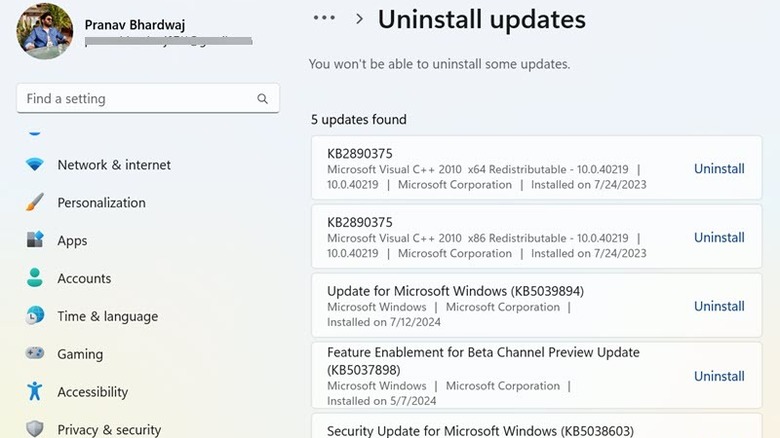 Uninstall recent Windows updates