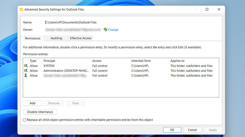 Windows folder showing security settings