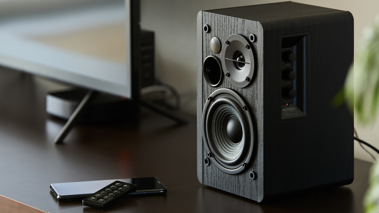 shelf speakers on desk