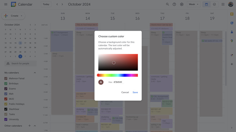 Selecting a custom color in the Google Calendar website