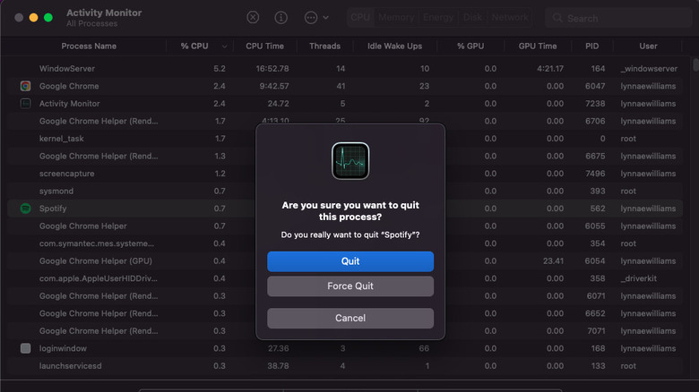 Mac Activity Monitor with quit options window
