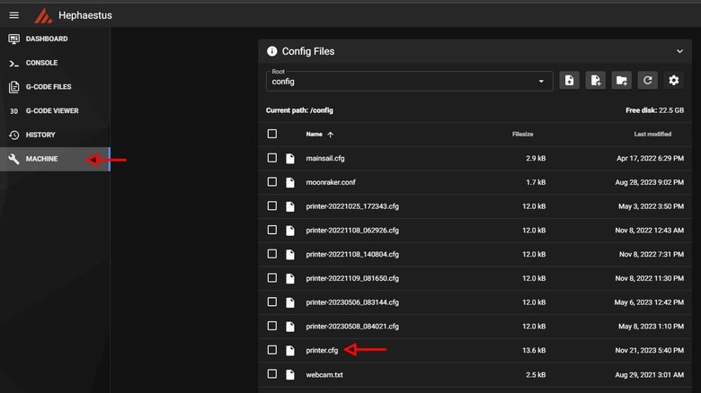 Klipper machine configuration interface