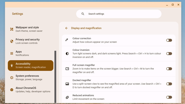 Color inversion setting on Chromebook