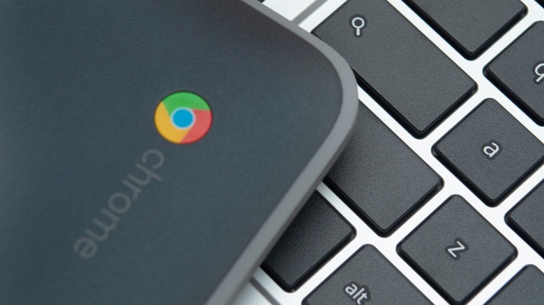 Chromebook on a wooden table with browser open