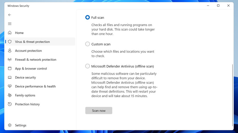 Full scan option in Windows Security app