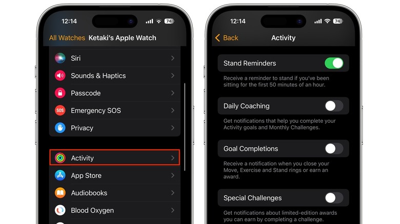 Apple Watch Activity notifications menu