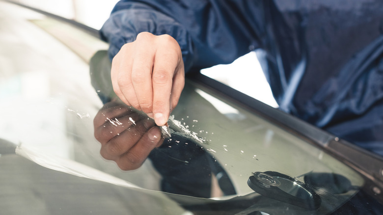 motorist repairing cracked windshield