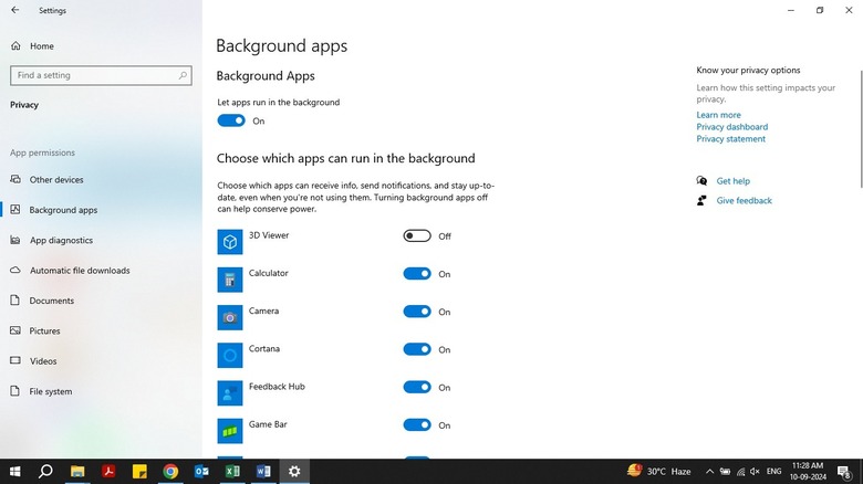 Background apps menu in Windows 10