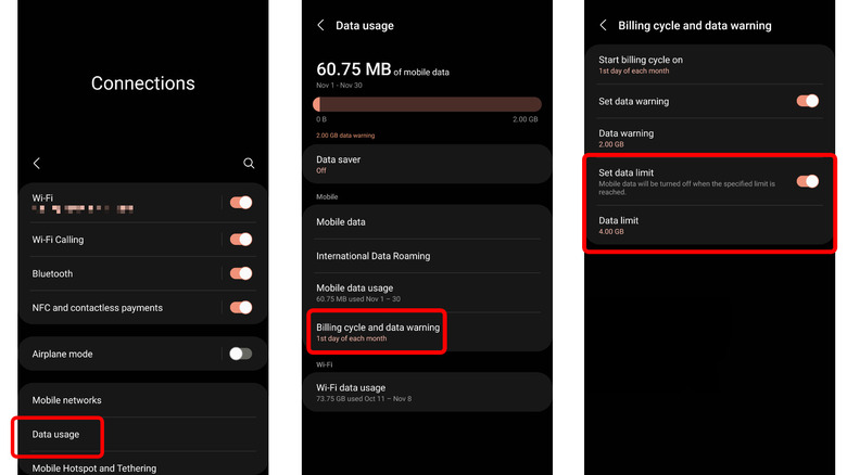 Android data usage settings screenshots