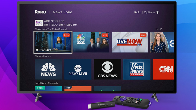 TV showing News Zone with Roku stick and remote