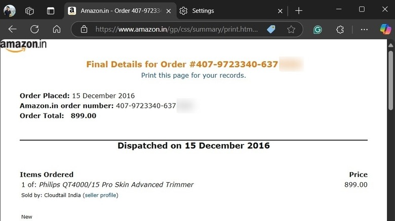 Amazon order receipt with print option in browser