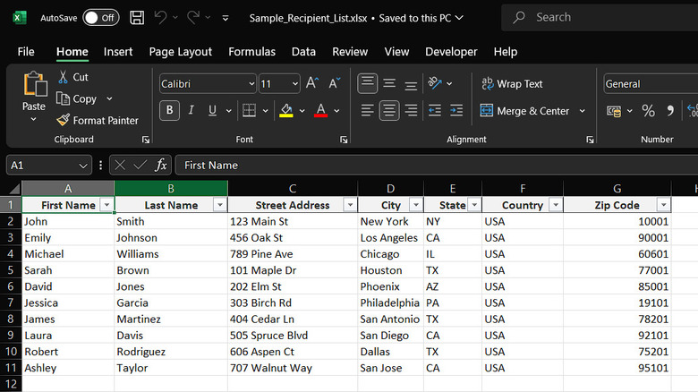 mailing list in Excel