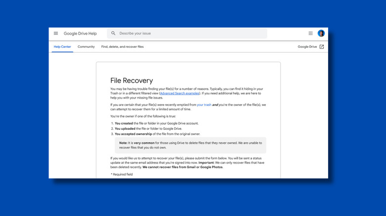 screenshot of the File Recovery page on Google Support